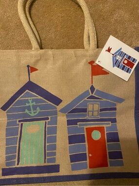 New with Tags Waitrose Beach Huts Large Juco Tote Bag- Shopper- Tan -Blue -Red